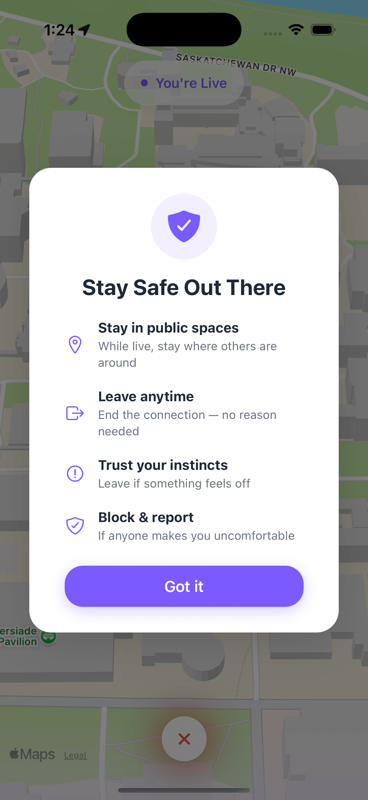 Closer app safety tips shown before going live